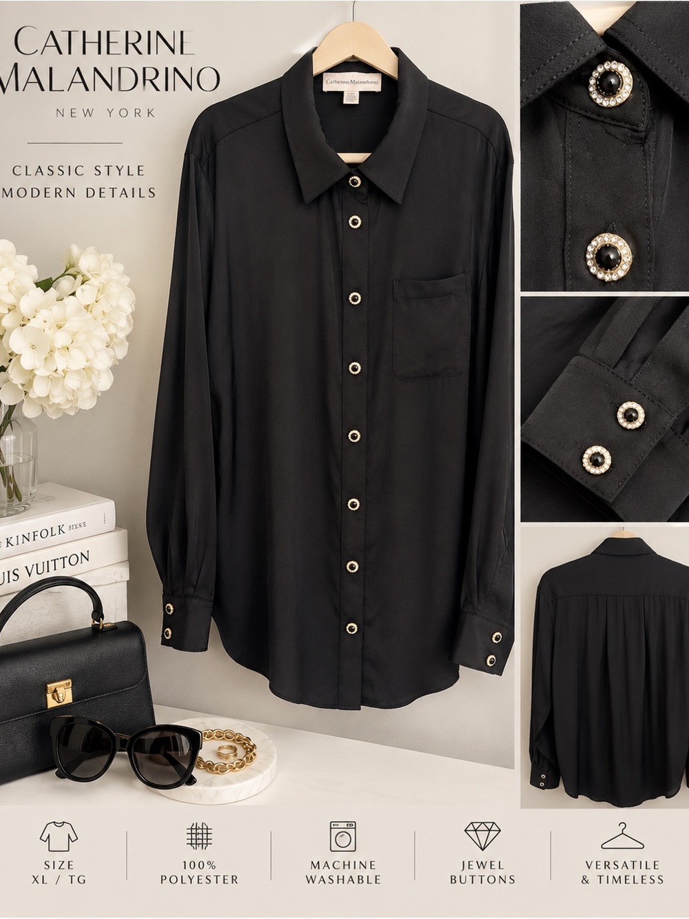 Catherine Malandrino Black Button-Front Blouse with Jewel Buttons